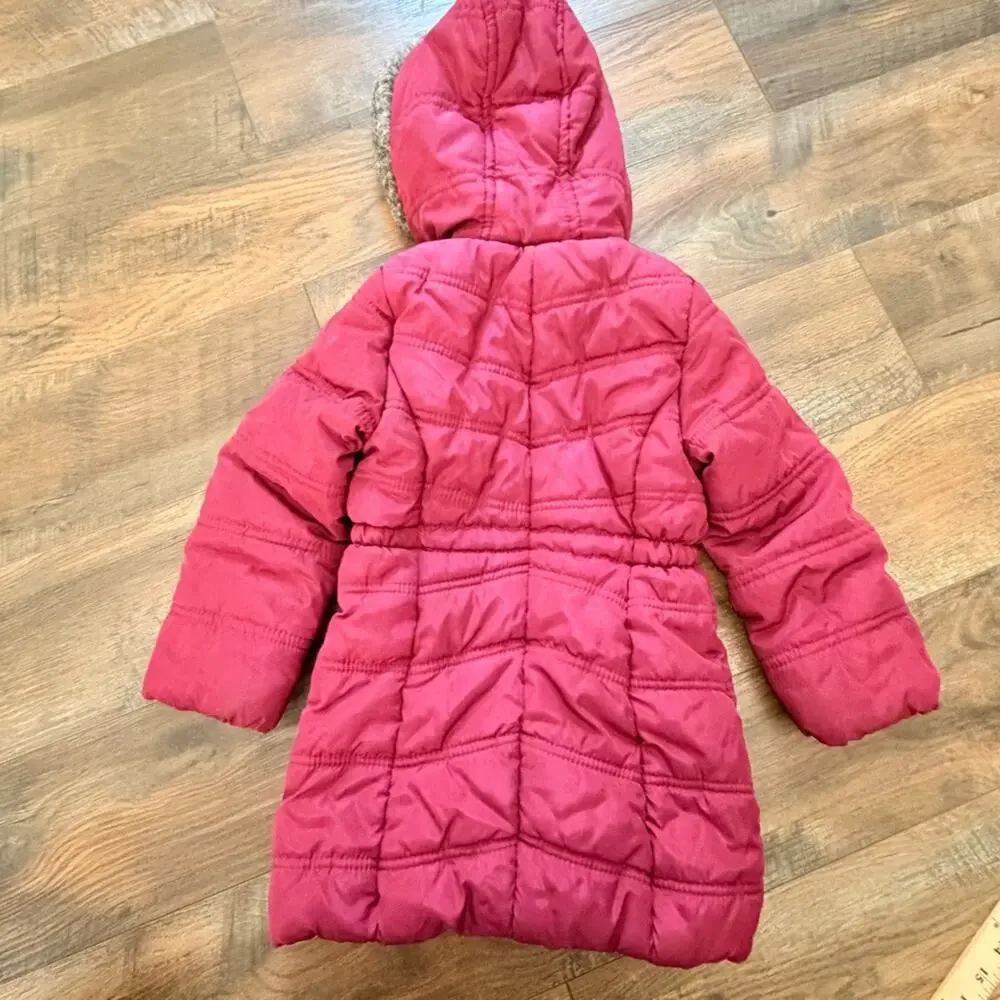 girls 4T Pink Puffer Jacket mid-length faux fur trim hood Calvin Klein